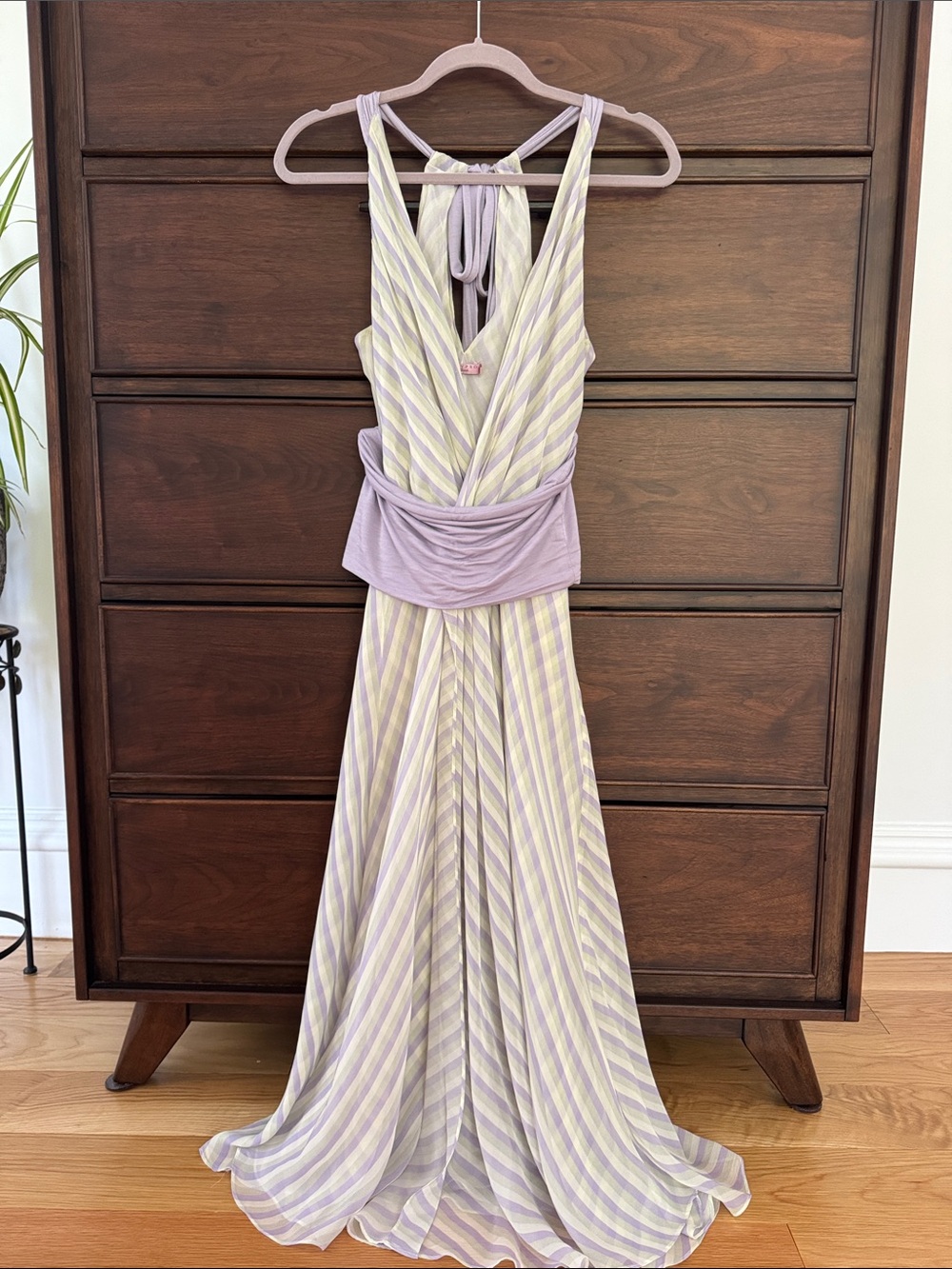 Calypso St. Barth Lavender and Pale Yellow Striped Halter Maxi Dress, XS